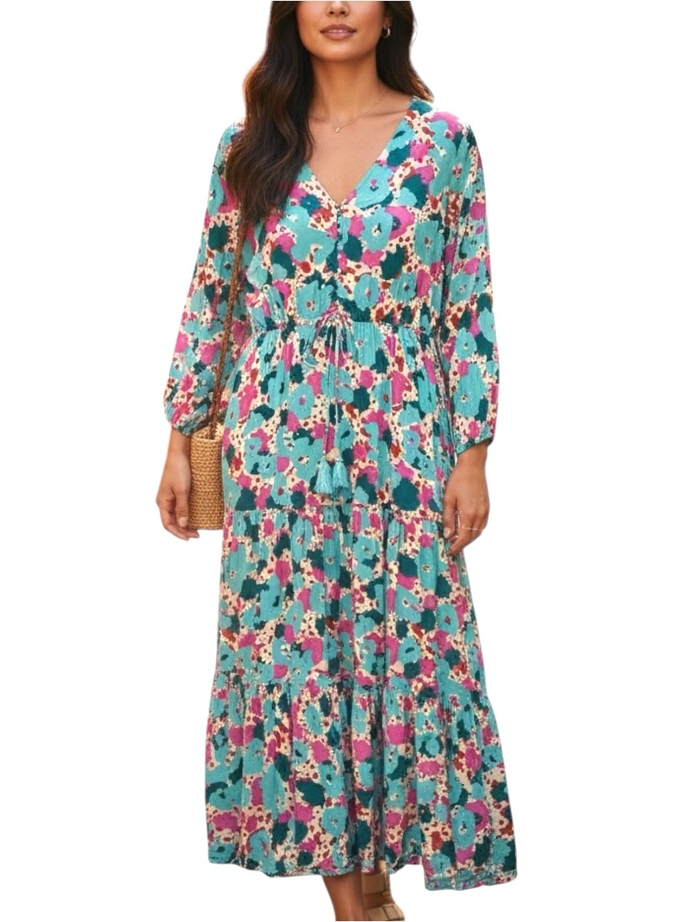 Almost Pink Teal and Pink Abstract Print Tiered Long Sleeve Maxi Dress - Medium